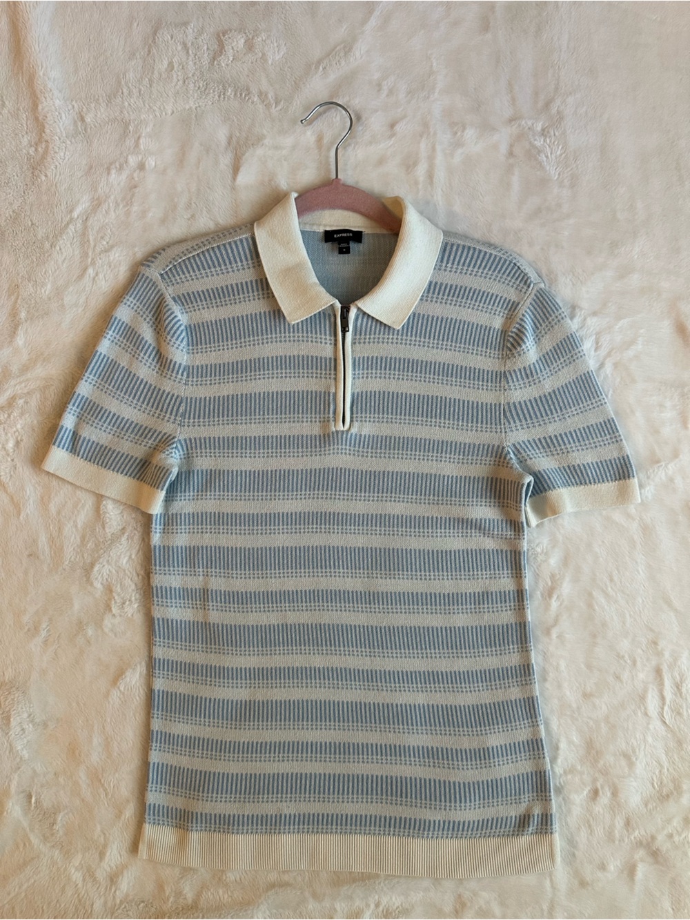 Men's 100% cotton Half-Zip Striped Sweater in Light Blue and Cream